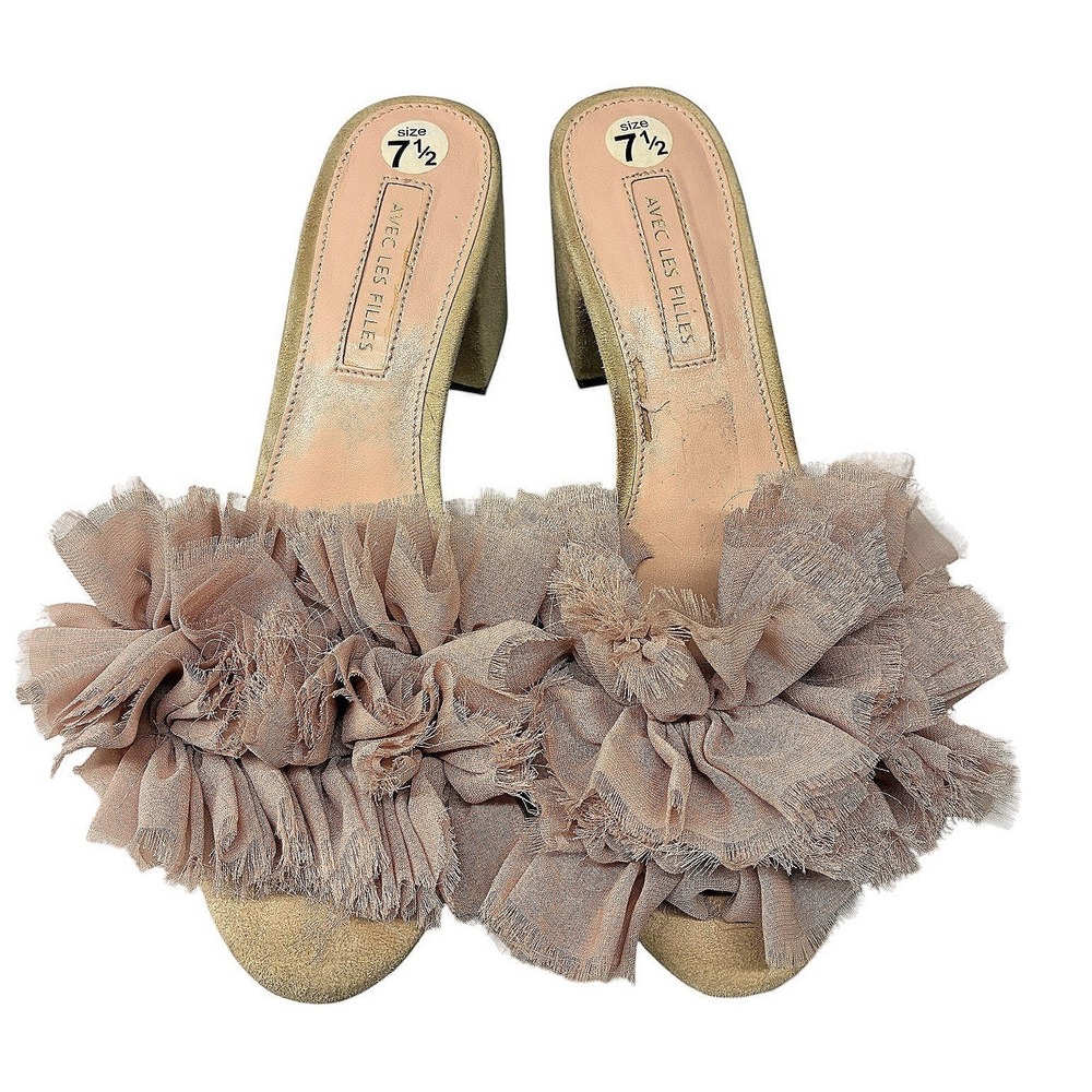 Avec Les Filles Maya Suede Ruffle Block Heel Mules Women's 7.5 Beige Pink
